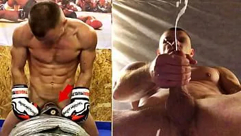 Play A real russian fighter in training fucks his boxing bag and cums on gay men's faces...
